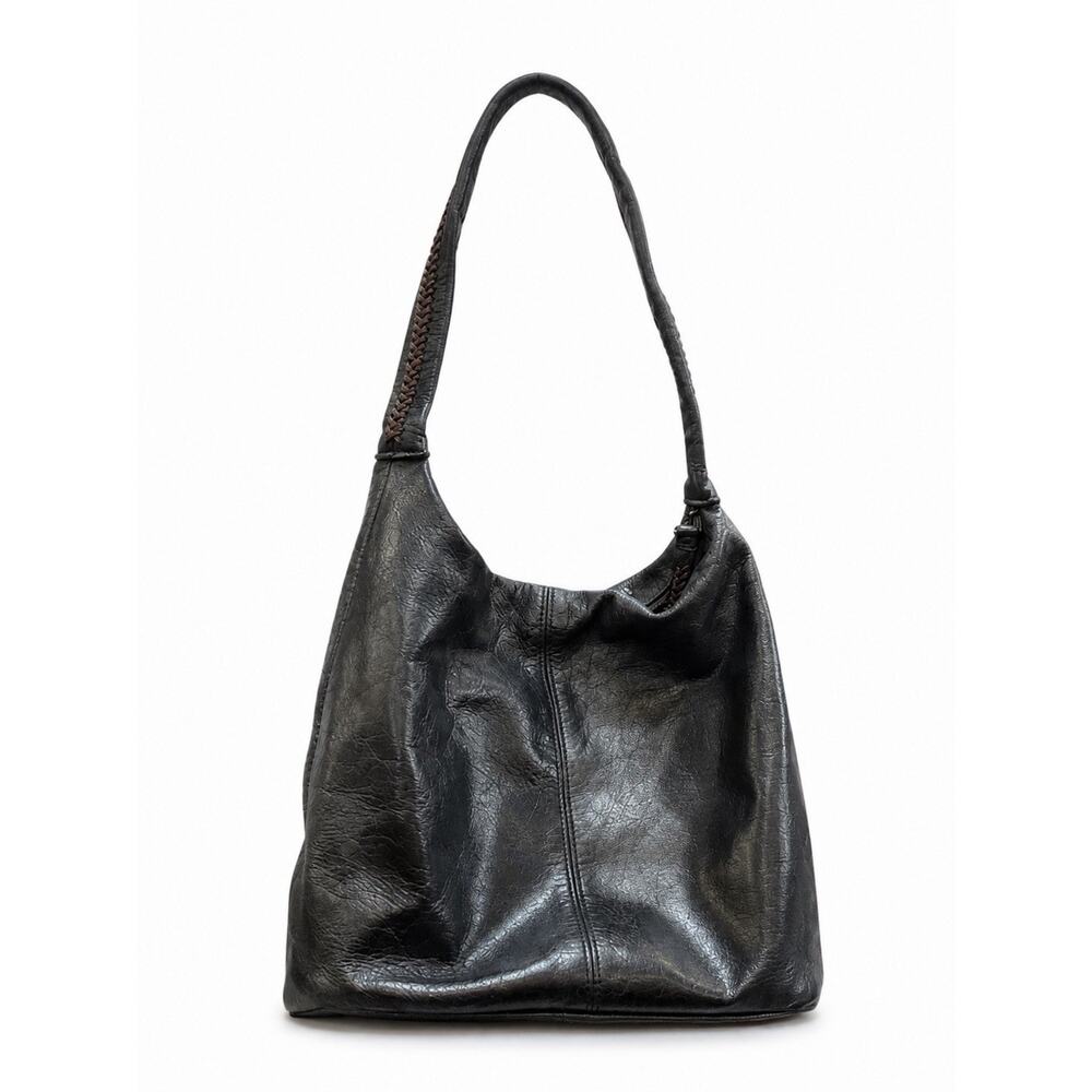 Sigrid Olsen Black Leather Shoulder Bag Slouchy Y2K Zip Closure Brown Thread Vtg
